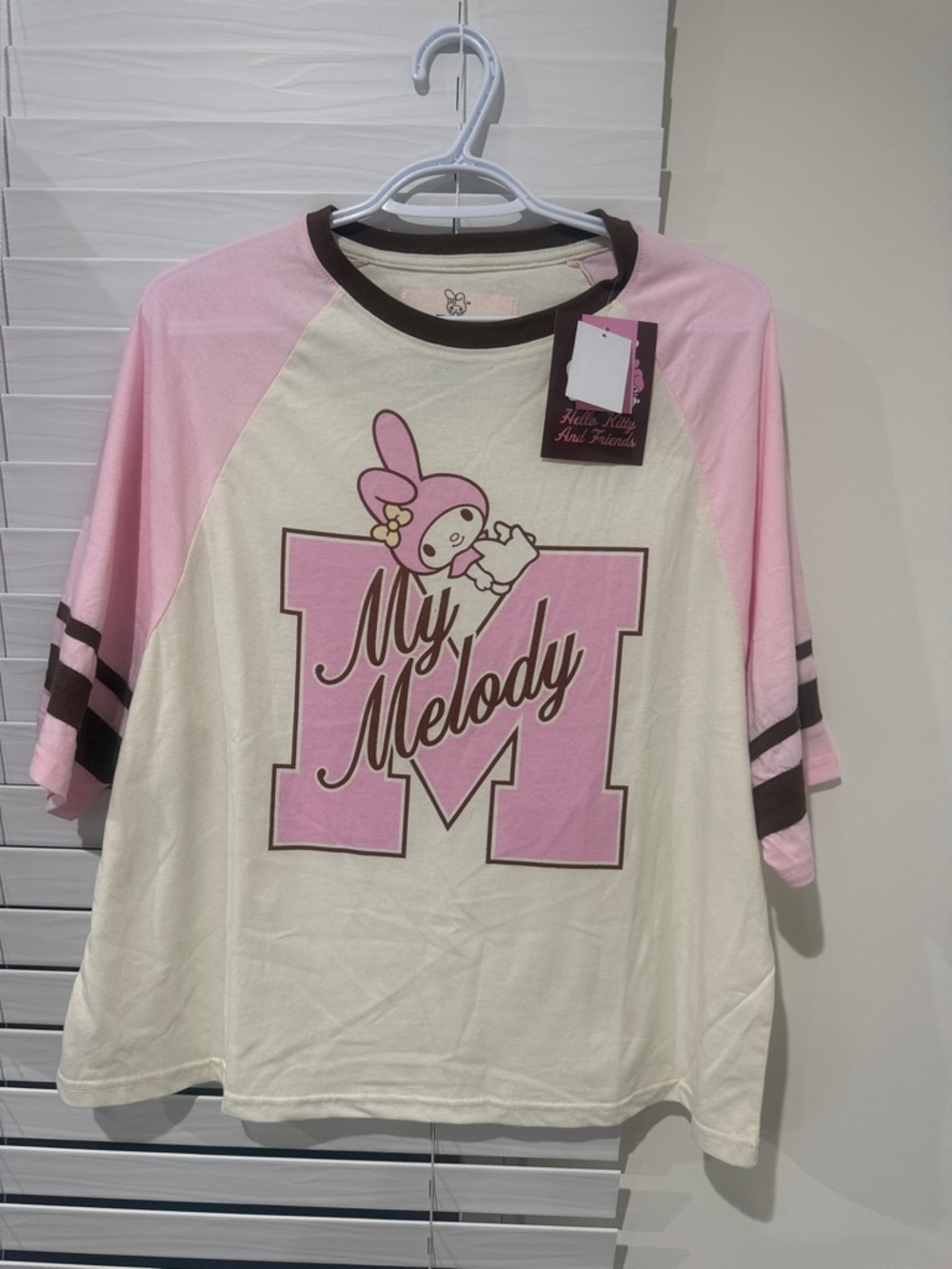 Hello Kitty Hello My Melody Pink Cream Raglan Tee with Brown Trim